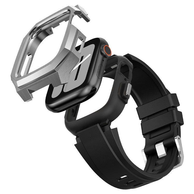For Apple Watch Series 9 8 7 45mm Band Fluororubber Watch Strap with Stainless Steel Bezel Case - Silver