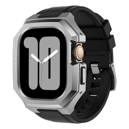 For Apple Watch Ultra 2 Ultra 49mm Soft Fluororubber Strap with Stainless Steel Wristwatch Case - Silver