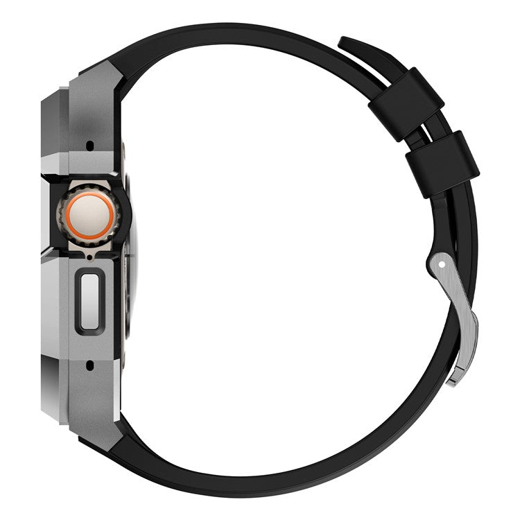 For Apple Watch Ultra 2 Ultra 49mm Soft Fluororubber Strap with Stainless Steel Wristwatch Case - Silver