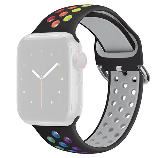 KALEBOL For Apple Watch 10 46mm / Ultra 2 / Ultra 49mm / 9 8 7 45mm / SE (2023) SE (2022) SE 6 5 4 44mm / 3 2 1 42mm Silicone Watch Band - Black+Rainbow