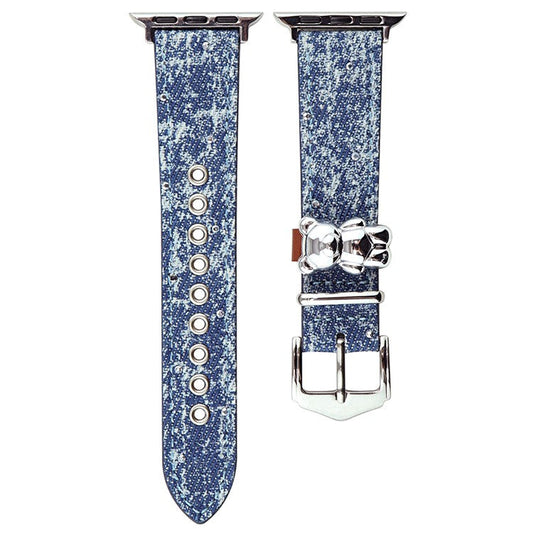 For Apple Watch Series 10 42mm / 9 8 7 41mm / SE (2023) SE (2022) SE 6 5 4 40mm / 3 2 1 38mm Denim Watchband - Snowflake Blue+Bear