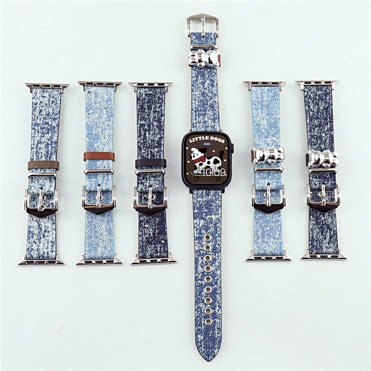 For Apple Watch Series 10 42mm / 9 8 7 41mm / SE (2023) SE (2022) SE 6 5 4 40mm / 3 2 1 38mm Denim Watchband - Snowflake Blue+Bear