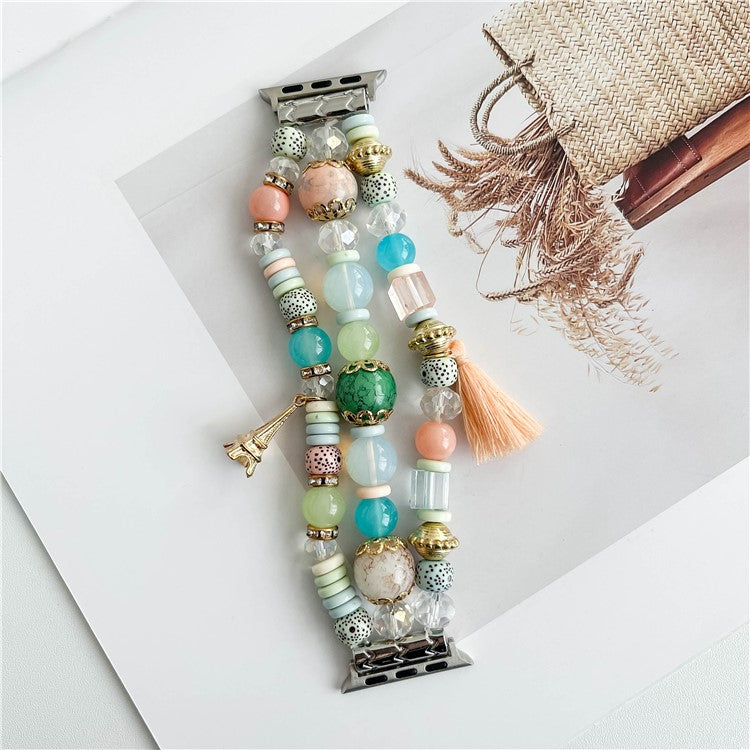 For Apple Watch 10 46mm / Ultra 2 / Ultra 49mm / 9 8 7 45mm / SE (2023) SE (2022) SE 6 5 4 44mm / 3 2 1 42mm Beaded Watch Band with Tassel Decor - Pink