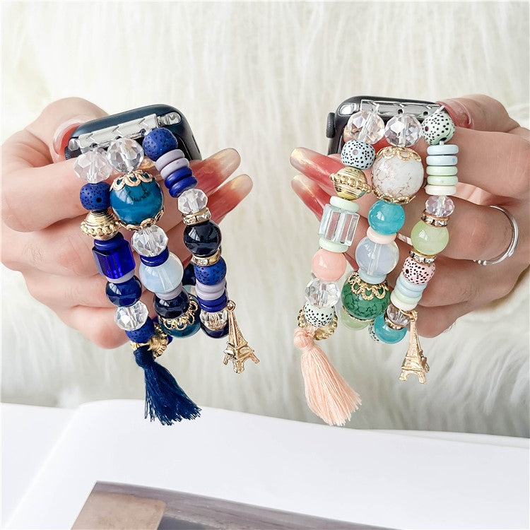 For Apple Watch 10 46mm / Ultra 2 / Ultra 49mm / 9 8 7 45mm / SE (2023) SE (2022) SE 6 5 4 44mm / 3 2 1 42mm Beaded Watch Band with Tassel Decor - Pink