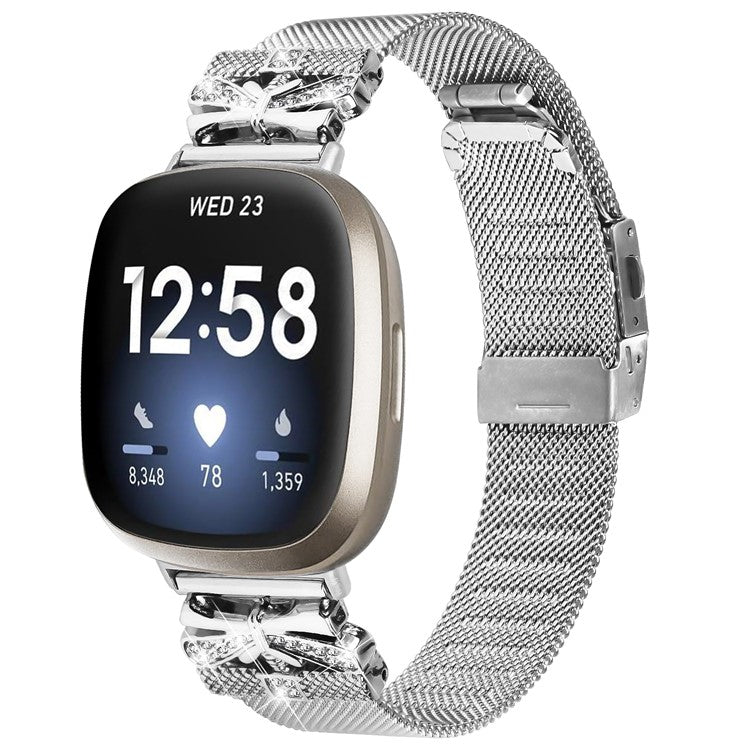 For Fitbit Sense / Versa 3 Milanese Watchband Stainless Steel Watch Strap with Rhinestone Decor - Silver