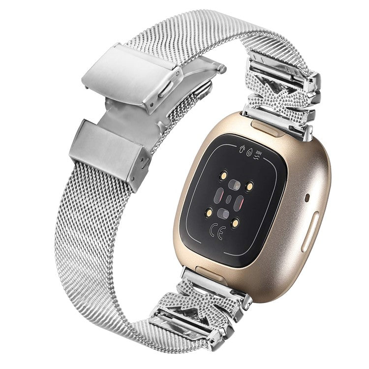 For Fitbit Sense / Versa 3 Milanese Watchband Stainless Steel Watch Strap with Rhinestone Decor - Silver