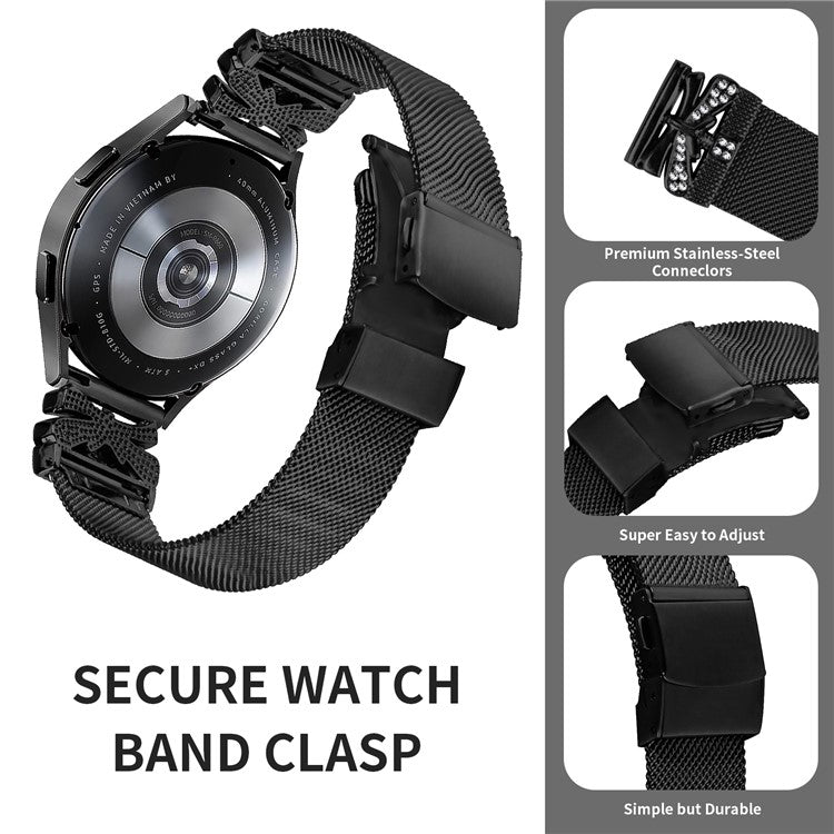 Watch Band for Garmin Vivomove 3 / GarminMove 3 20mm Milanese Stainless Steel Strap with Rhinestone Decor - Black