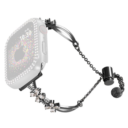Rhinestone Flower Copper Band for Apple Watch 10 46mm / Ultra 2 / Ultra 49mm / 9 8 7 45mm / SE (2023) SE (2022) SE 6 5 4 44mm / 3 2 1 42mm Bracelet - Black