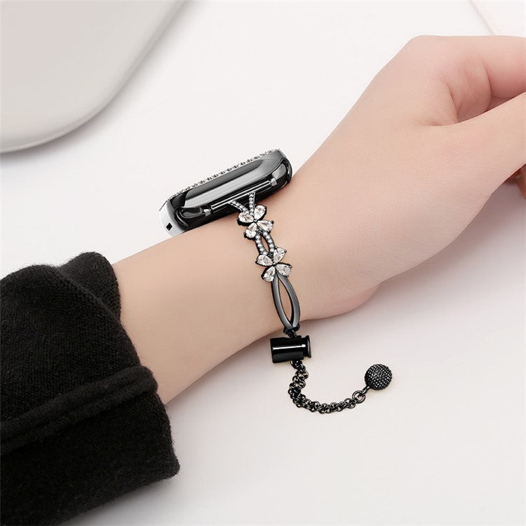 Rhinestone Flower Copper Band for Apple Watch 10 46mm / Ultra 2 / Ultra 49mm / 9 8 7 45mm / SE (2023) SE (2022) SE 6 5 4 44mm / 3 2 1 42mm Bracelet - Black
