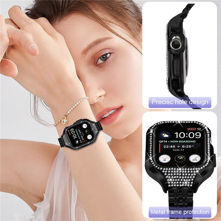 For Apple Watch Series 7 / 8 / 9 41mm Replacement 7 Beads Stainless Steel Strap with Watch Case - Black