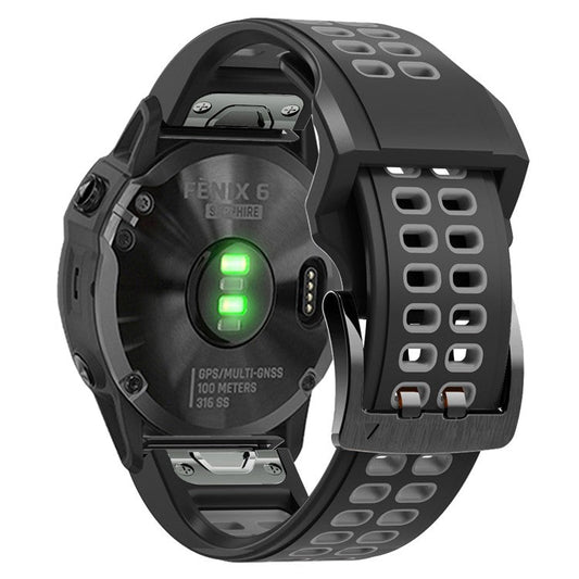 KALEBOL KLB-SSSPKGJ-001 For Garmin QuickFit 26mm Watch Band Breathable Double Row Holes Silicone Strap - Black+Grey