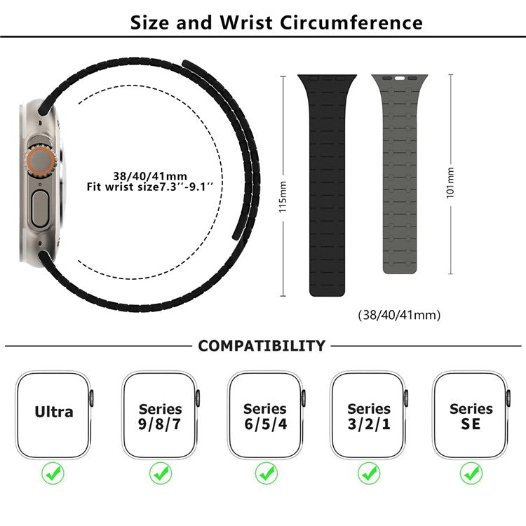 KALEBOL KLB-CXGJ-002 Magnetic Silicone Band For Apple Watch Series 10 42mm / 9 8 7 41mm / SE (2022) SE (2023) SE 6 5 4 40mm / 3 2 1 38mm - Black+Grey