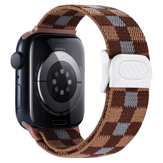Watch Band For Apple Watch Series 10 42mm / 9 8 7 41mm / SE (2023) SE (2022) SE 6 5 4 40mm / 3 2 1 38mm Elastic Nylon Strap - Plaid Brown