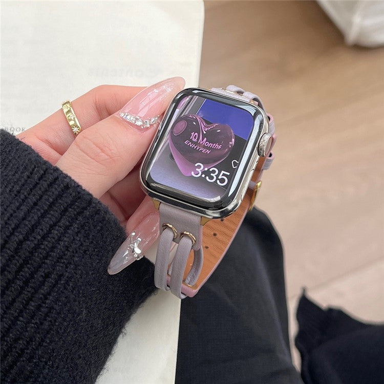 Band For Apple Watch Series 10 42mm / 9 8 7 41mm / 6 5 4 SE (2023) SE (2022) SE 40mm / 3 2 1 38mm Genuine Cow Leather Wrist Strap - Purple