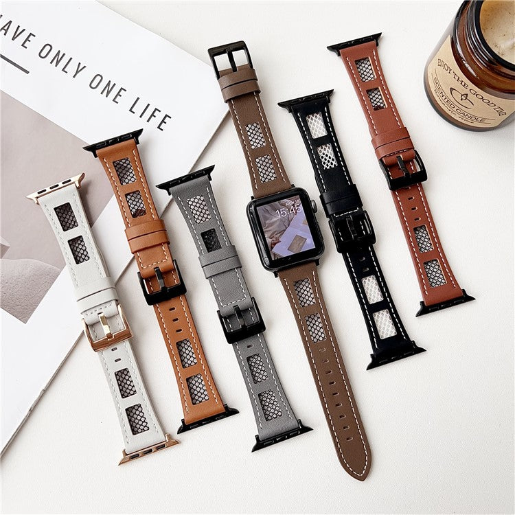 Strap For Apple Watch Series 10 42mm / 9 8 7 41mm / SE (2023) SE (2022) SE 40mm 6 5 4 / 3 2 1 38mm PU Leather Watch Band with Mesh - White