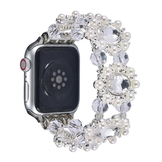 For Apple Watch 10 46mm / Ultra 2 / Ultra 49mm / 9 8 7 45mm / SE (2023) SE (2022) SE 6 5 4 44mm / 3 2 1 42mm Pearl Bracelet Watch Band - Rose Gold - Silver
