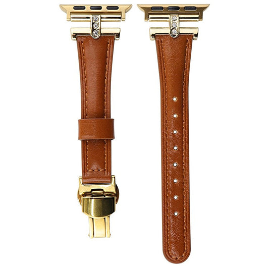 Rhinestone Decor Strap For Apple Watch Series 10 42mm / 9 8 7 41mm / SE (2023) SE (2022) SE 6 5 4 40mm / 3 2 1 38mm Genuine Cow Leather Band - Brown+Gold Buckle