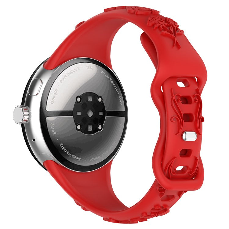 For Google Pixel Watch 3 41mm / Pixel Watch 2 / Pixel Watch Carving Flower Pattern Watch Strap Replacement Silicone Band - Red