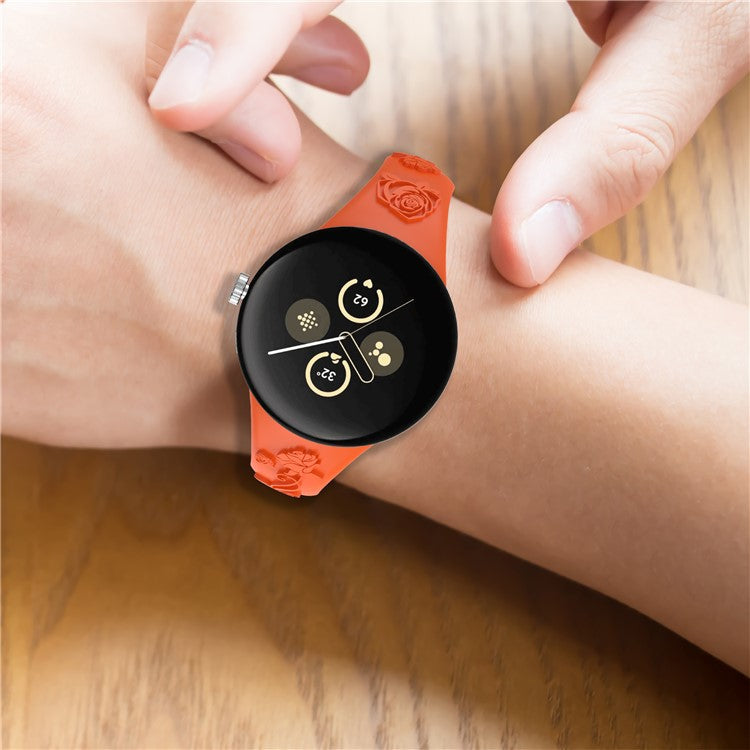 For Google Pixel Watch 3 41mm / Pixel Watch 2 / Pixel Watch Carving Flower Pattern Watch Strap Replacement Silicone Band - Red