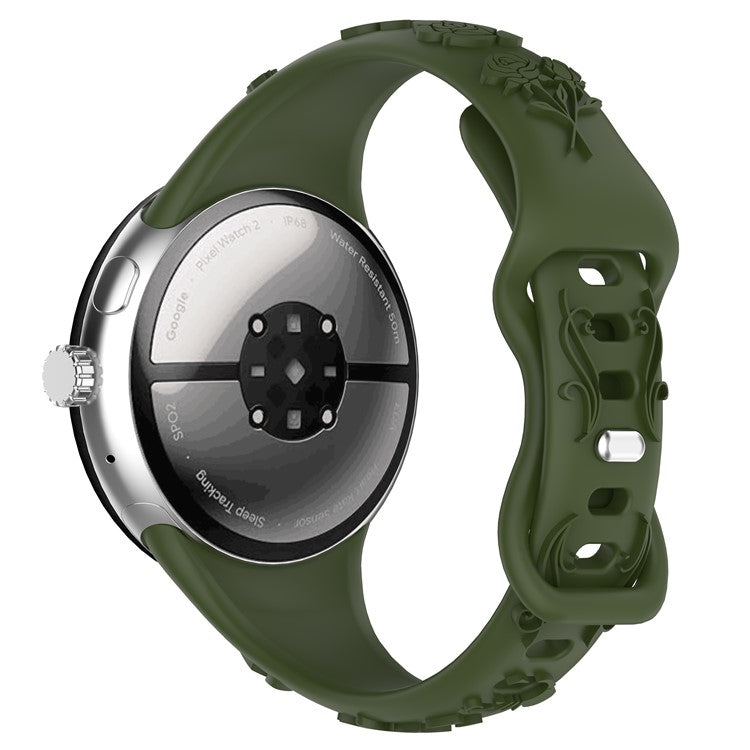 For Google Pixel Watch 3 41mm / Pixel Watch 2 / Pixel Watch Carving Flower Pattern Watch Strap Replacement Silicone Band - Olive Green