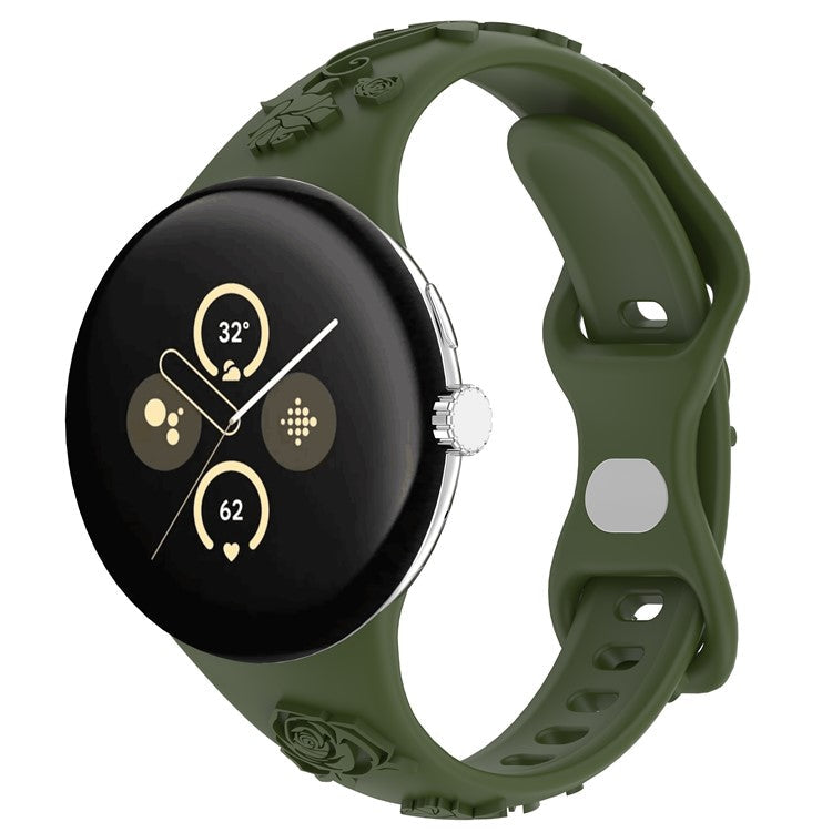 For Google Pixel Watch 3 41mm / Pixel Watch 2 / Pixel Watch Carving Flower Pattern Watch Strap Replacement Silicone Band - Olive Green