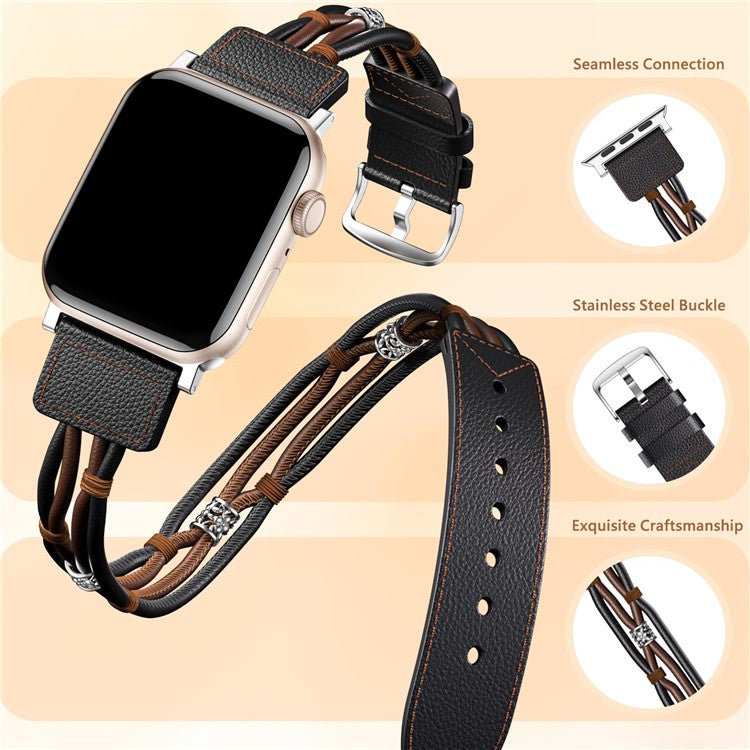 M / L Size Ethnic Style Strap for Apple Watch 10 46mm / Ultra 2 / Ultra 49mm / 9 8 7 45mm / SE (2023) SE (2022) SE 6 5 4 44mm / 3 2 1 42mm Cowhide Watch Band - Black