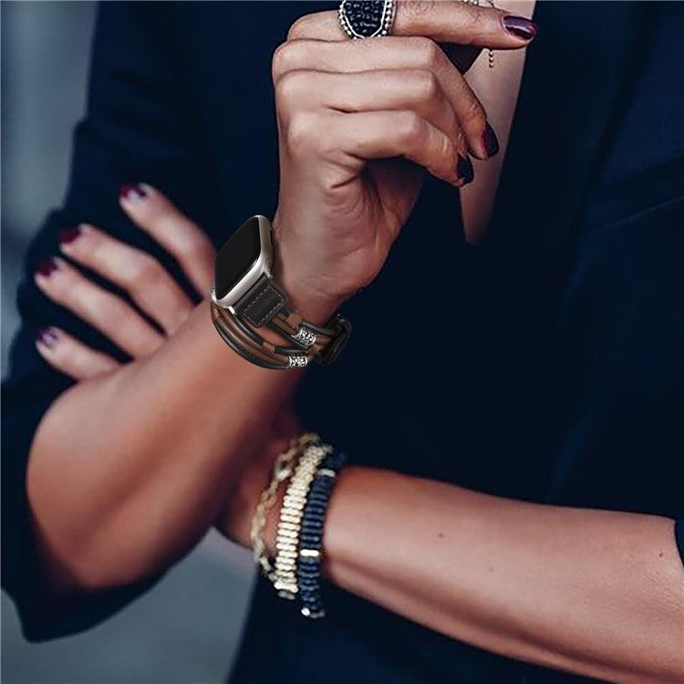 M / L Size Ethnic Style Strap for Apple Watch 10 46mm / Ultra 2 / Ultra 49mm / 9 8 7 45mm / SE (2023) SE (2022) SE 6 5 4 44mm / 3 2 1 42mm Cowhide Watch Band - Black