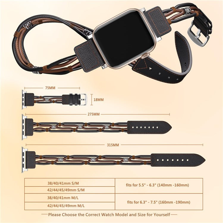 M / L Size Ethnic Style Strap for Apple Watch 10 46mm / Ultra 2 / Ultra 49mm / 9 8 7 45mm / SE (2023) SE (2022) SE 6 5 4 44mm / 3 2 1 42mm Cowhide Watch Band - Black