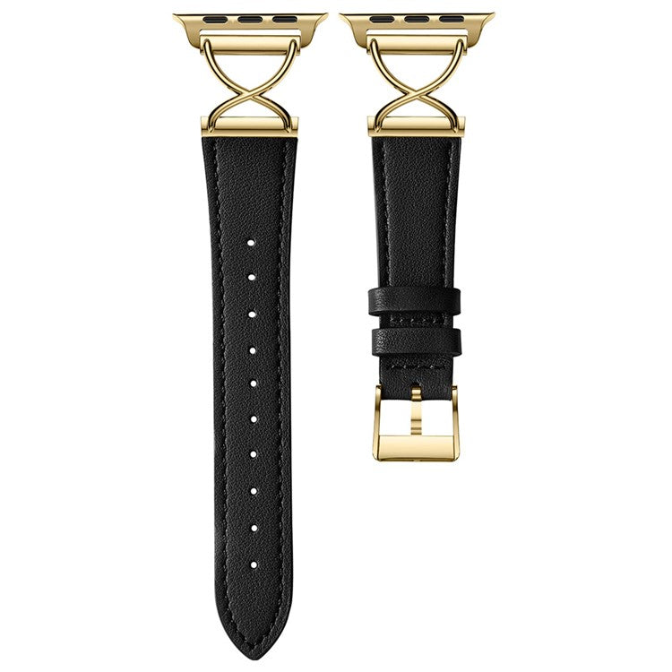 Leather Band For Apple Watch Series 10 42mm / 9 8 7 41mm / 6 5 4 SE (2023) SE (2022) SE 40mm / 3 2 1 38mm Electroplated Buckle Watch Strap - Black+Gold
