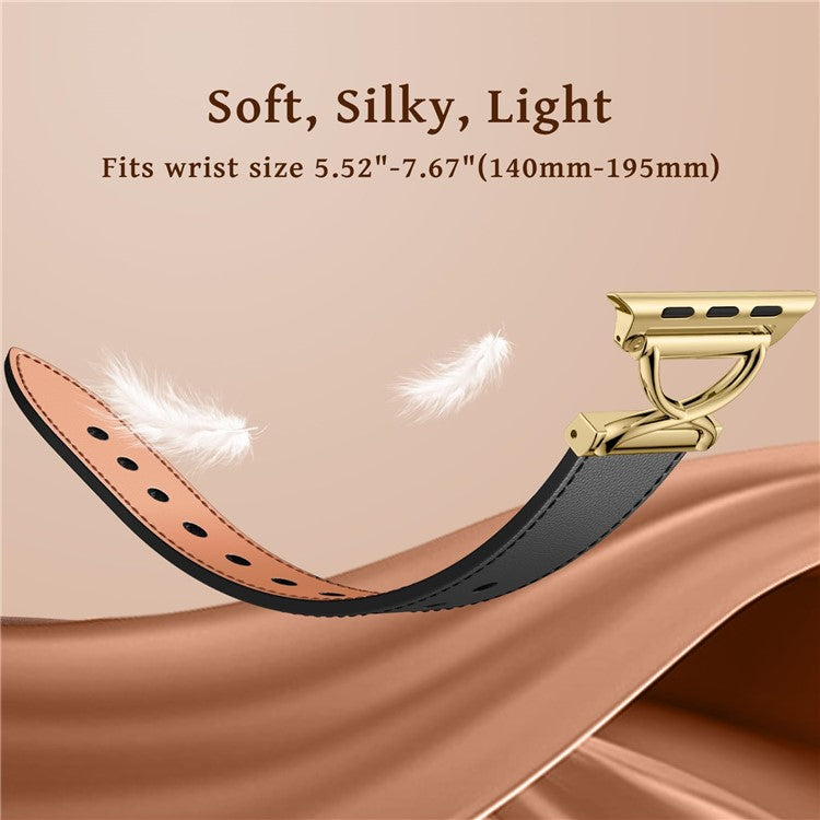 Leather Band For Apple Watch Series 10 42mm / 9 8 7 41mm / 6 5 4 SE (2023) SE (2022) SE 40mm / 3 2 1 38mm Electroplated Buckle Watch Strap - Black+Gold