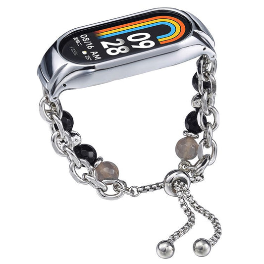 For Xiaomi Smart Band 8 Stainless Steel Watch Band Beads Chain Bracelet with Case - Black+Grey 2