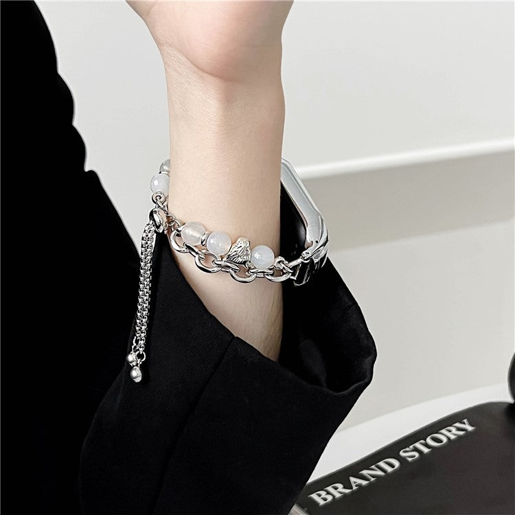For Xiaomi Smart Band 8 Stainless Steel Watch Band Beads Chain Bracelet with Case - White