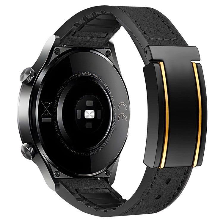 For Huawei Watch GT 3 42mm / GT 3 Pro 43mm Genuine Cow Leather Coated Silicone Band 20mm Magnetic Buckle Watch Strap - Black+Gold