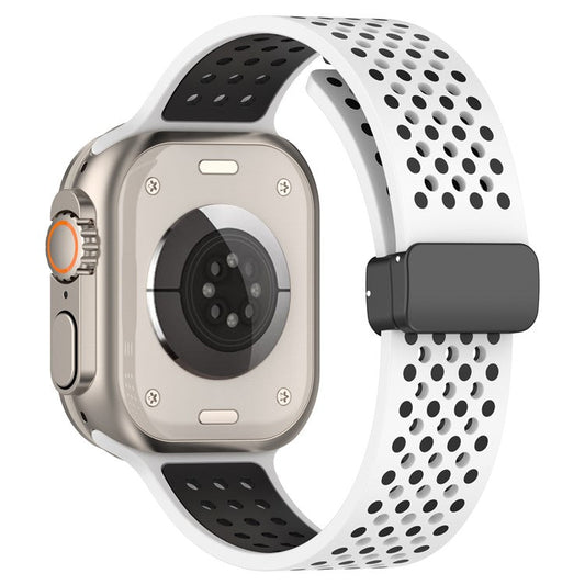 For Apple Watch Series 10 42mm / 9 8 7 41mm / SE (2023) SE (2022) SE 6 5 4 40mm / 3 2 1 38mm Silicone Strap Dual-Color Magnetic Watch Band - White+Black