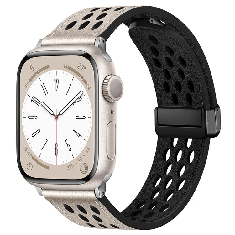 Watch Band For Apple Watch Series 10 42mm / 9 8 7 41mm / SE (2023) SE (2022) SE 6 5 4 40mm / 3 2 1 38mm Hollow-Out Leather Strap - Starlight