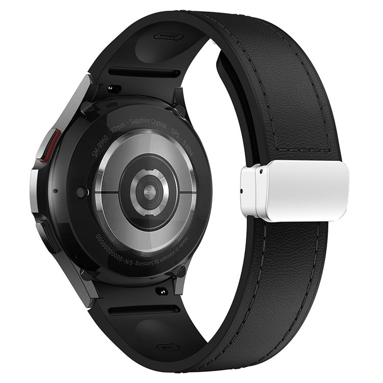 For Samsung Watch FE 40mm / Watch4 Classic Active / Watch 5 / Watch6 Classic Silicone+Leather Band Smartwatch Strap - Black+Silver Buckle