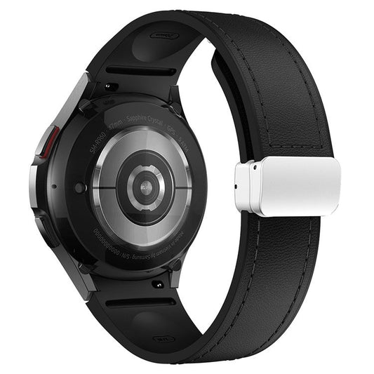 For Samsung Watch FE 40mm / Watch4 Classic Active / Watch 5 / Watch6 Classic Silicone+Leather Band Smartwatch Strap - Black+Silver Buckle