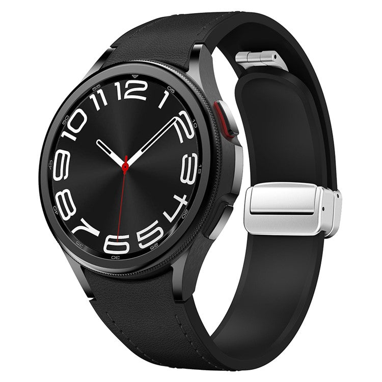 For Samsung Watch FE 40mm / Watch4 Classic Active / Watch 5 / Watch6 Classic Silicone+Leather Band Smartwatch Strap - Black+Silver Buckle