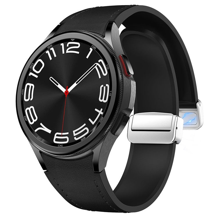 For Samsung Watch FE 40mm / Watch4 Classic Active / Watch 5 / Watch6 Classic Silicone+Leather Band Smartwatch Strap - Black+Silver Buckle