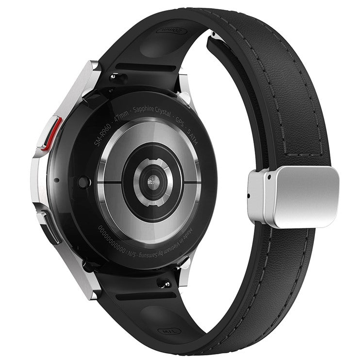 For Samsung Watch FE 40mm / Watch4 Classic Active / Watch 5 / Watch6 Classic Magnetic Buckle Leather+Silicone Strap - Black+Silver Buckle