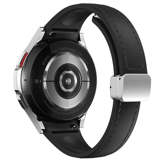 For Samsung Watch FE 40mm / Watch4 Classic Active / Watch 5 / Watch6 Classic Magnetic Buckle Leather+Silicone Strap - Black+Silver Buckle