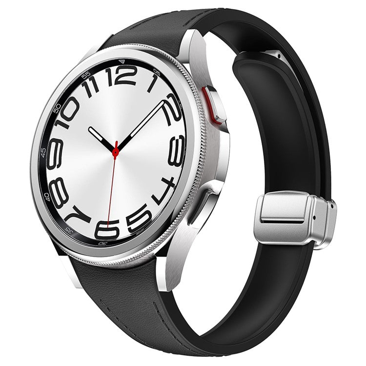 For Samsung Watch FE 40mm / Watch4 Classic Active / Watch 5 / Watch6 Classic Magnetic Buckle Leather+Silicone Strap - Black+Silver Buckle