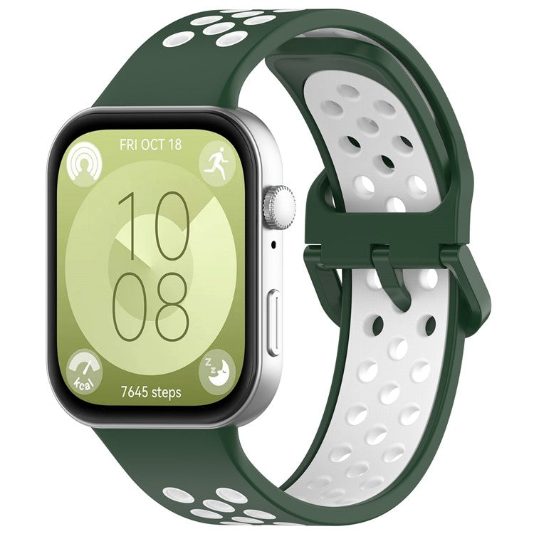 For Huawei Watch Fit 3 Soft Silicone Watch Strap Replacement Dual Color Band - Midnight Green+White