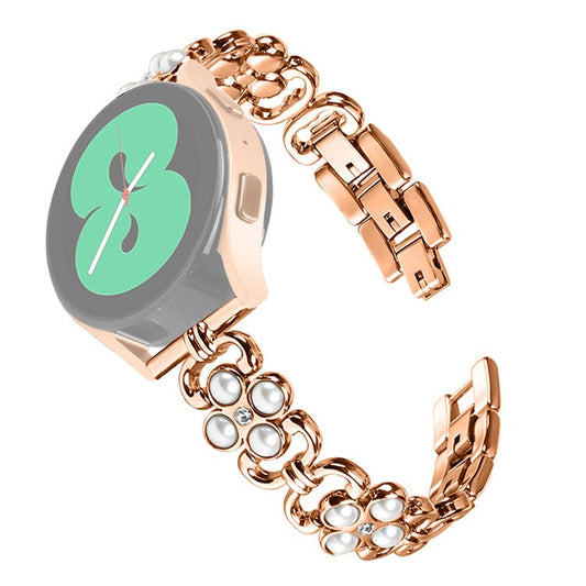 For Garmin Vivomove Sport / Venu 2 Plus Stainless Steel Bracelet Pearls Four Leaf Clover Watch Strap - Rose Gold