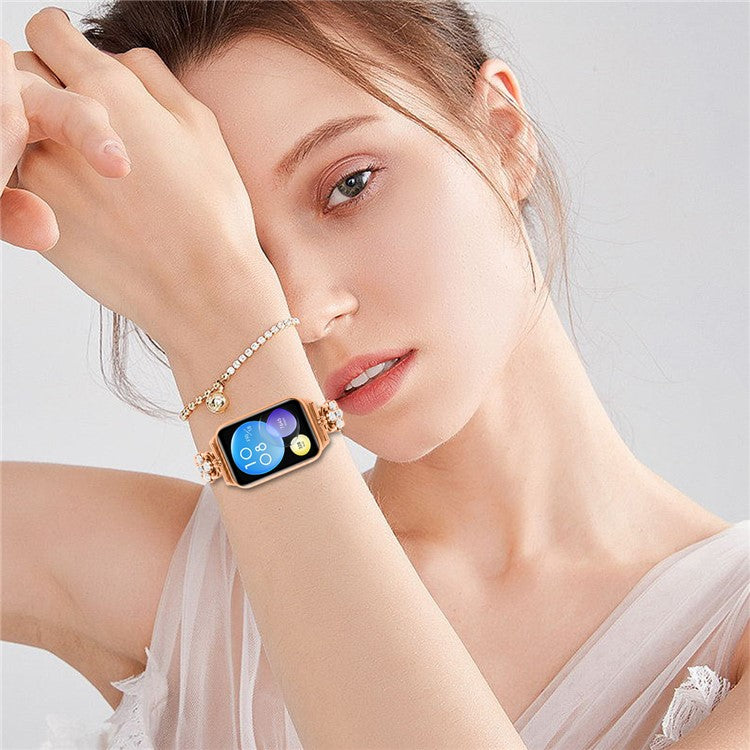 Wholesale Watch Strap for Xiaomi Smart Band 8 Pro Pearl Decor Four Leaf Clover Stainless Steel Band - Rose Gold
