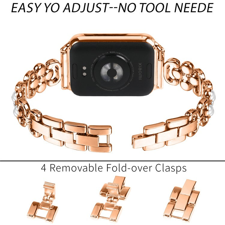 For Xiaomi Redmi 4 Wrist Bracelet Pearl Decor Four Leaf Clover Stainless Steel Watch Band - Rose Gold