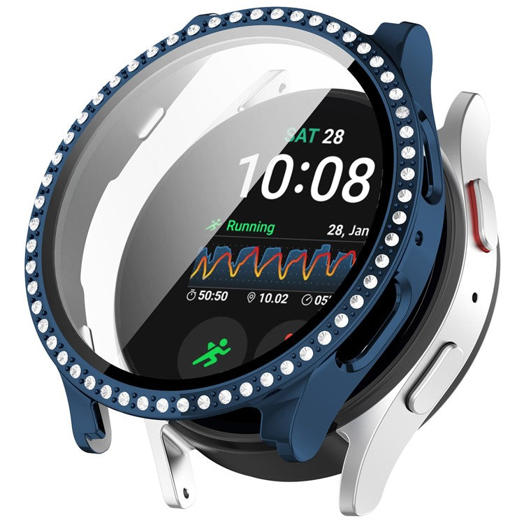 For Samsung Galaxy Watch7 40mm Rhinestone Decor PC Watch Case Integrated with Tempered Glass Film - Electroplating Midnight Blue