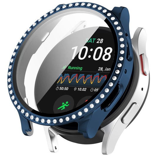 For Samsung Galaxy Watch7 40mm Rhinestone Decor PC Watch Case Integrated with Tempered Glass Film - Electroplating Midnight Blue