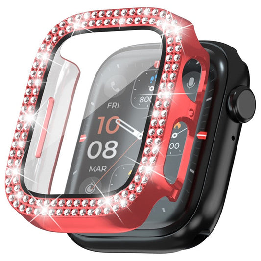 For Apple Watch Series 4  /  5  /  6  /  SE  /  SE (2022) 44mm Rhinestone Decor Electroplating PC Watch Case with Tempered Glass Film - Red