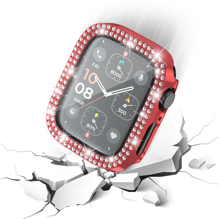 For Apple Watch Series 4  /  5  /  6  /  SE  /  SE (2022) 44mm Rhinestone Decor Electroplating PC Watch Case with Tempered Glass Film - Red
